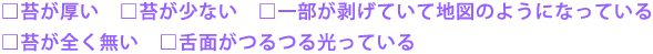 □苔が厚い　□苔が少ない　□一部が剥げていて地図のようになっている□苔が全く無い　□舌面がつるつる光っている